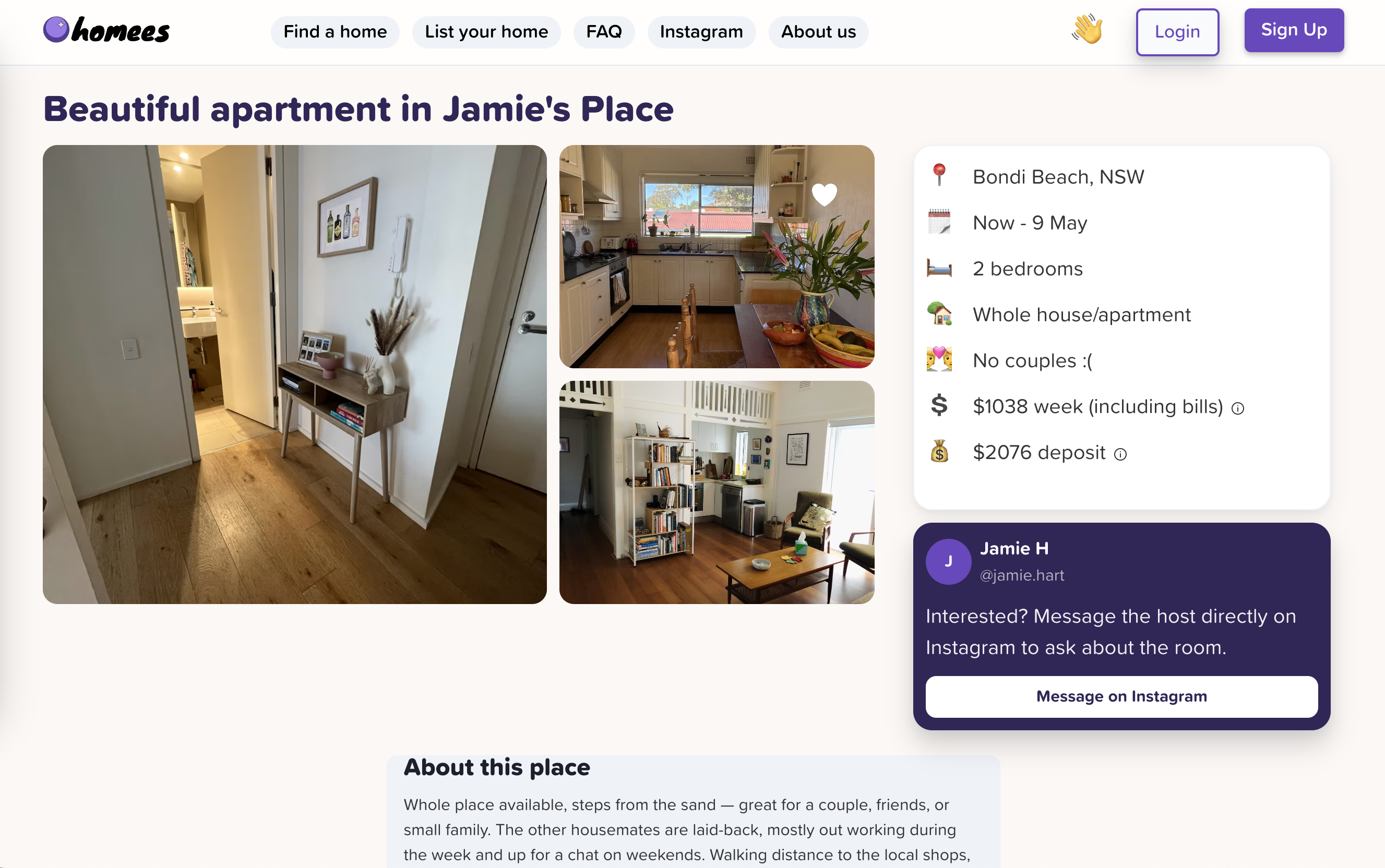 Individual listing page for an apartment in Bondi Beach with photos, price, deposit, and a message-the-host CTA