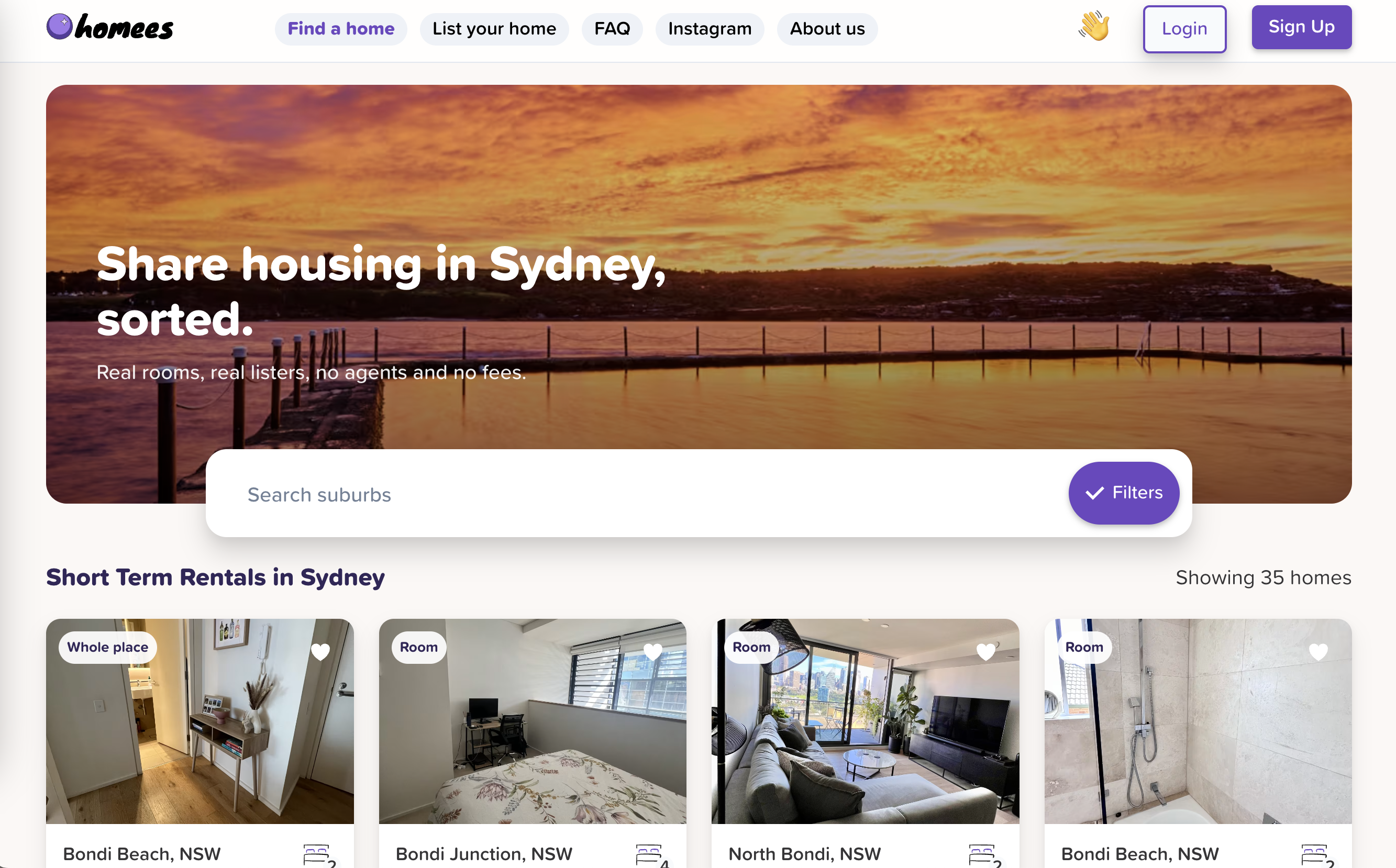 Homees homepage with a sunset hero image, suburb search, and a grid of short-term rental listings