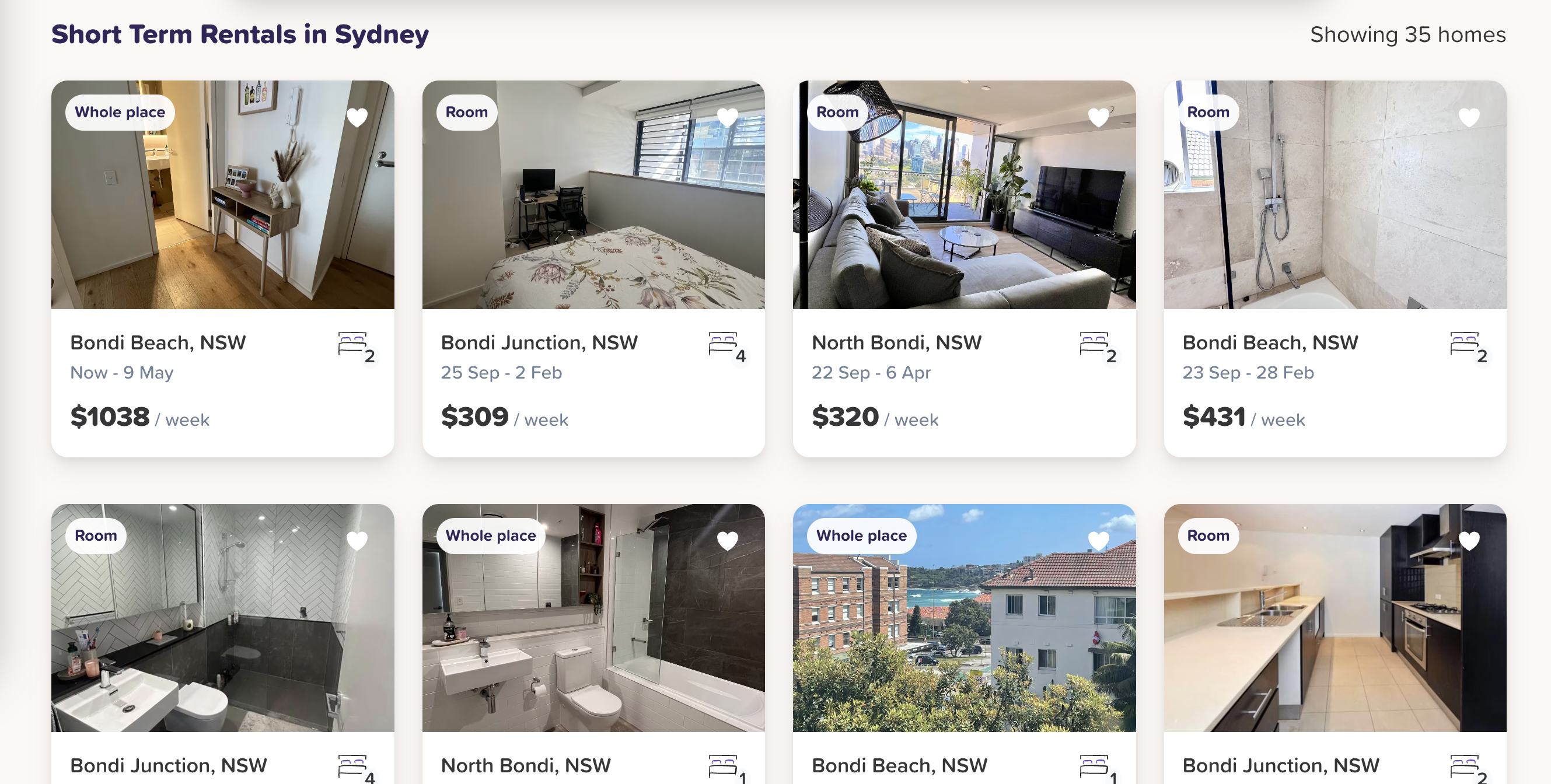 Grid of short-term rental listings in Sydney with photos, price per week, and availability dates