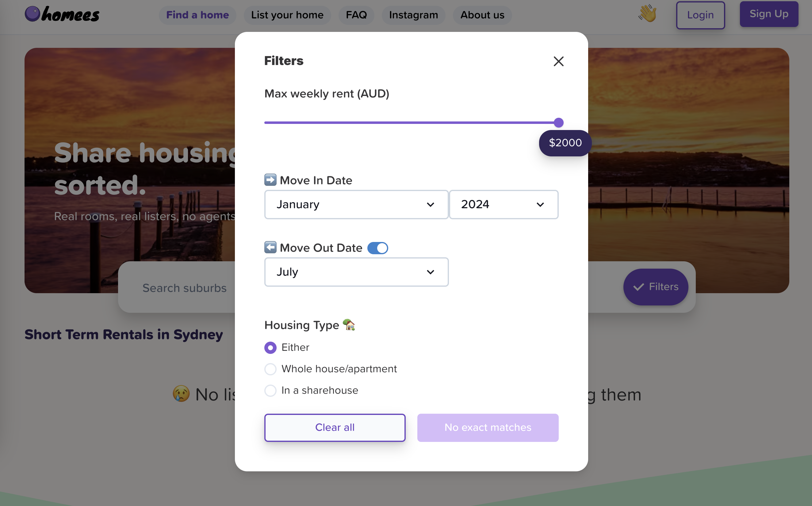 Filters modal with max weekly rent slider, move-in/move-out date pickers, and housing type options