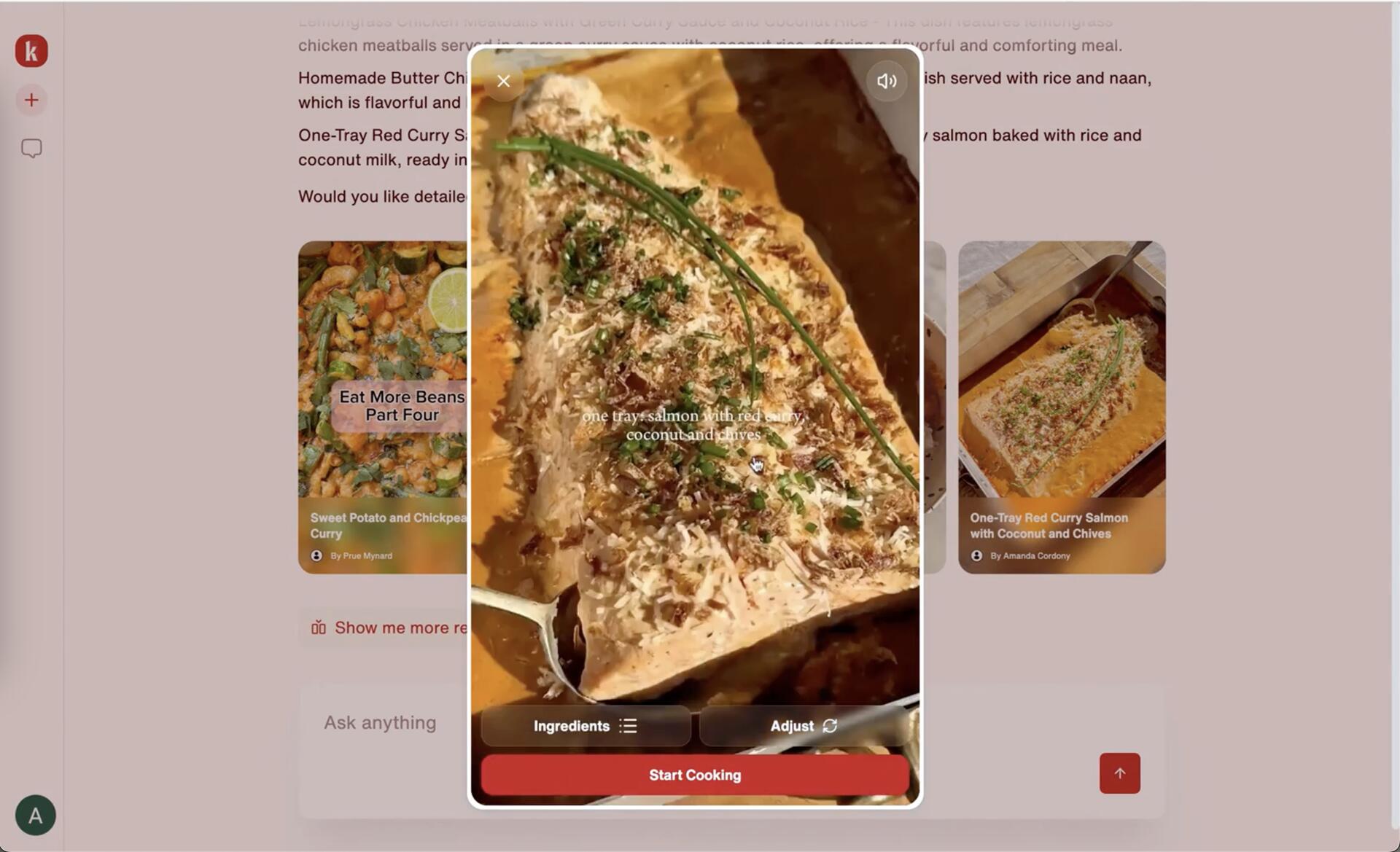 Recipe video preview modal with Ingredients, Adjust, and Start Cooking actions