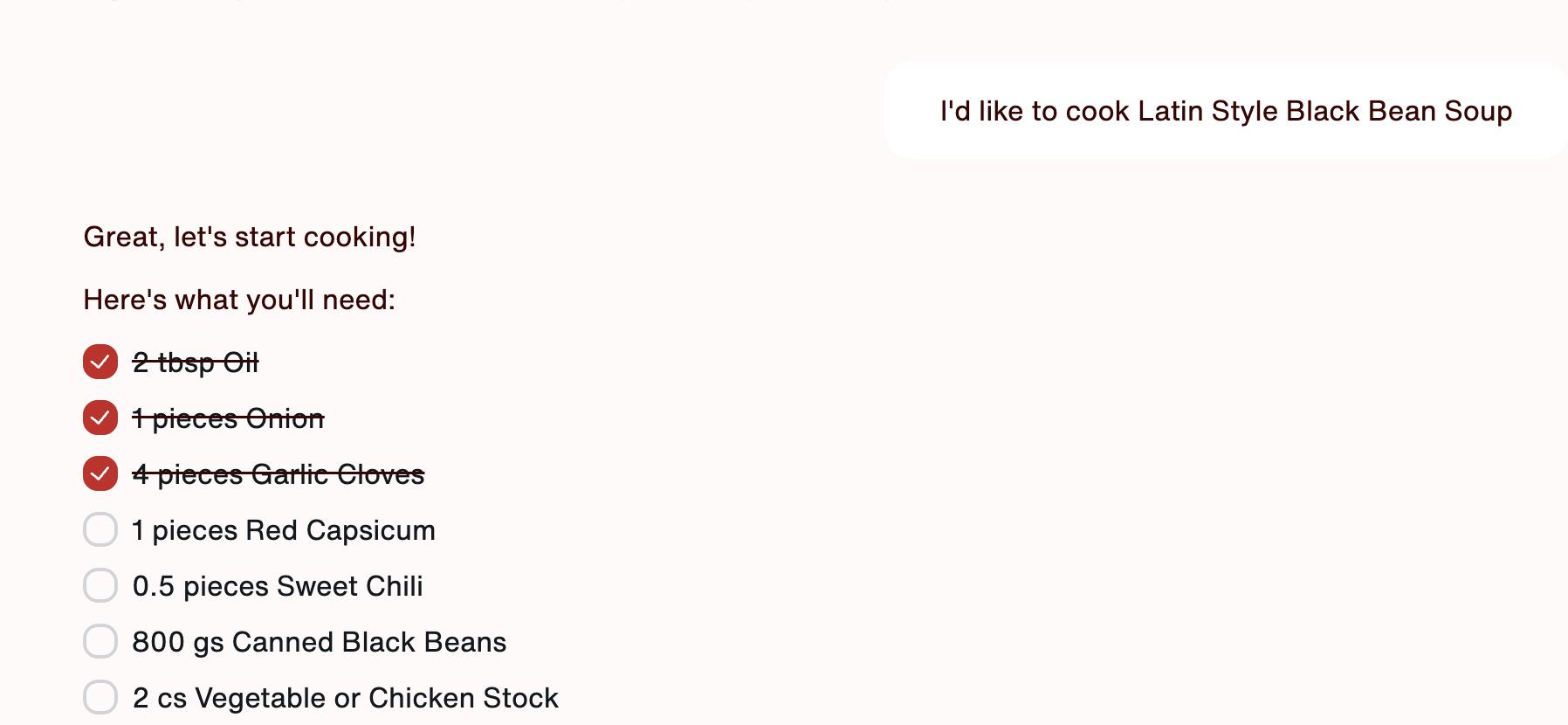 Guided cooking checklist with completed ingredient steps checked off