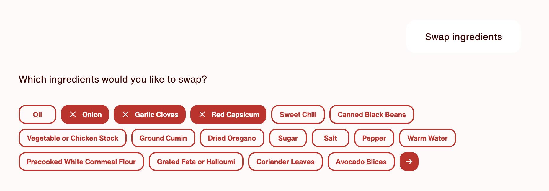 Swap ingredients screen letting the user substitute recipe items