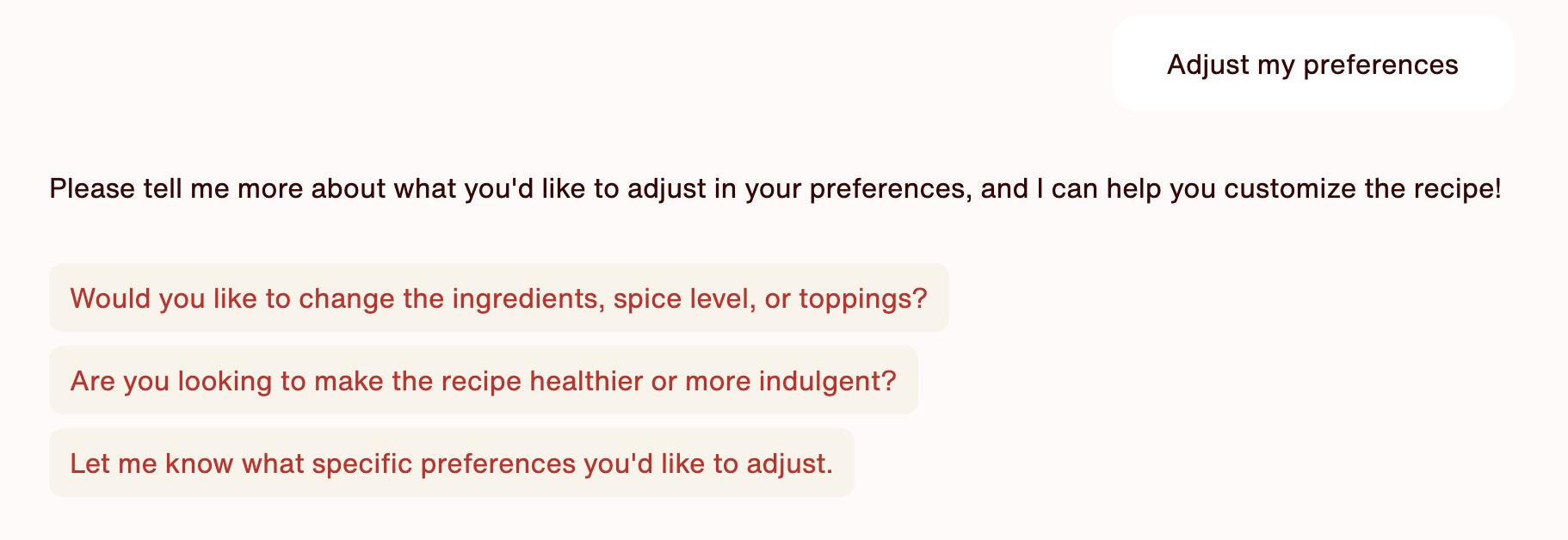 AI assistant asking how to adjust recipe preferences
